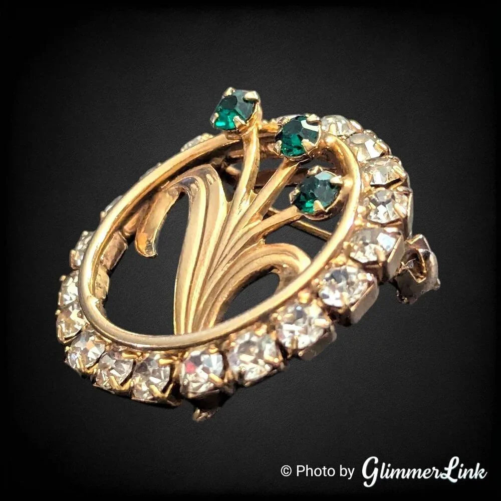 Vintage Mid Century Gold Tone Floral Clear & Green Rhinestone Circle Brooch